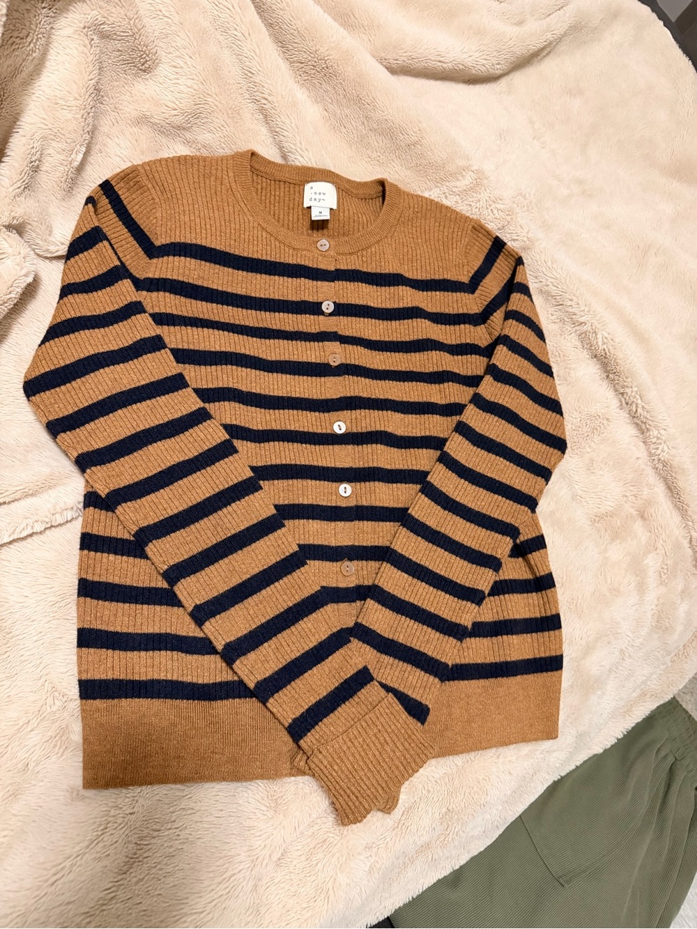a new day Camel and Navy Striped Button-Up Cardigan